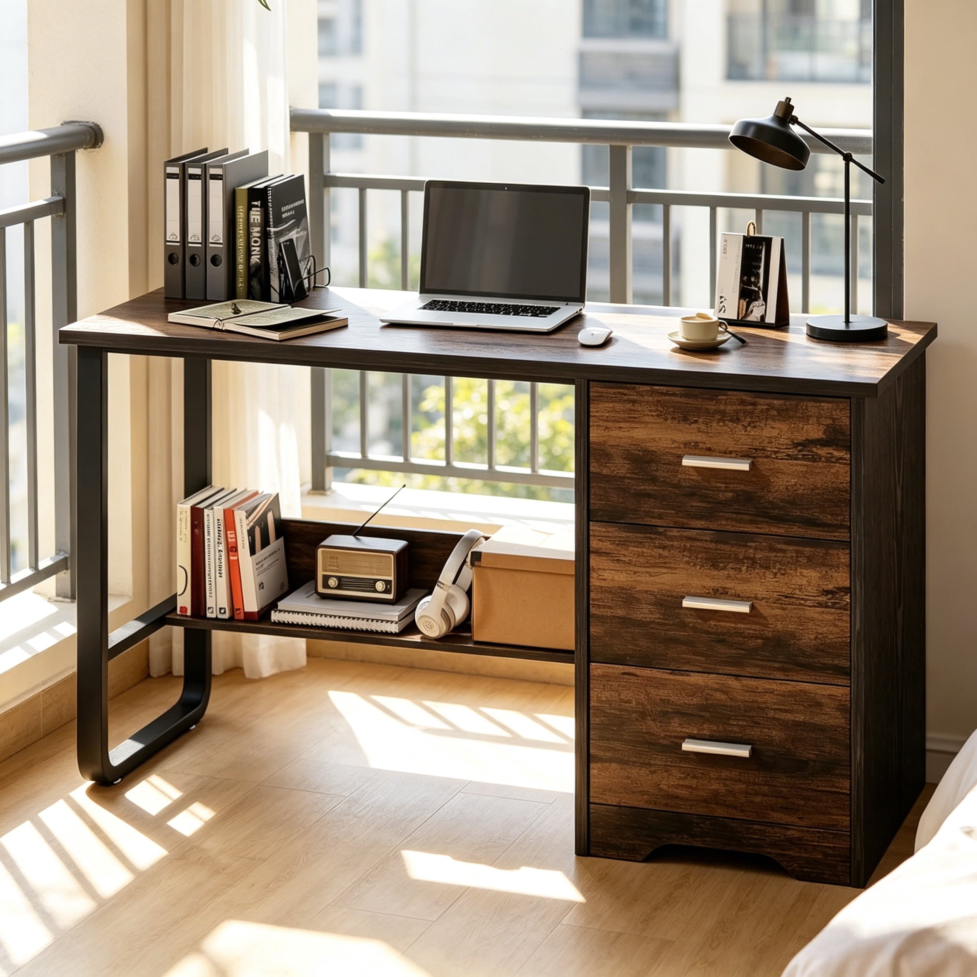 4 Ever Winner Computer Desk with 3 Drawers, 47 inch Home Office Desk with Bottom Shelves Storage, Writing Desk for Small Spaces, Black and Brown