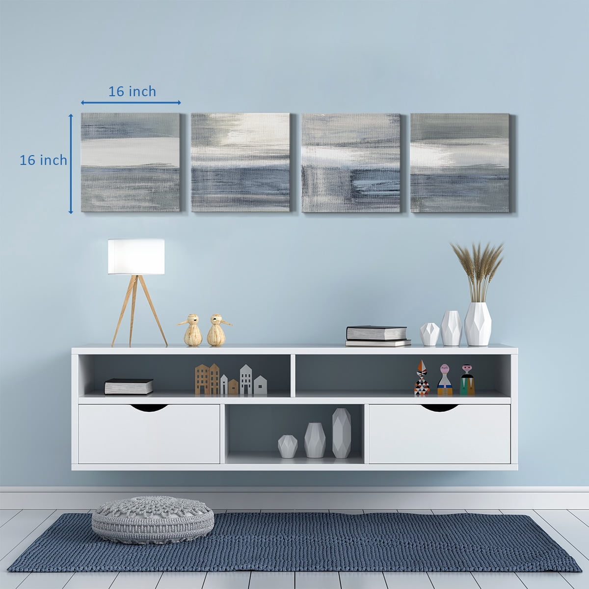 Wexford Home Modern Home Wall Décor Abstract Black and White Grey Canvas Wall Art 16 x 16 inches Set of 4 Framed Artwork for Living Room Bedroom