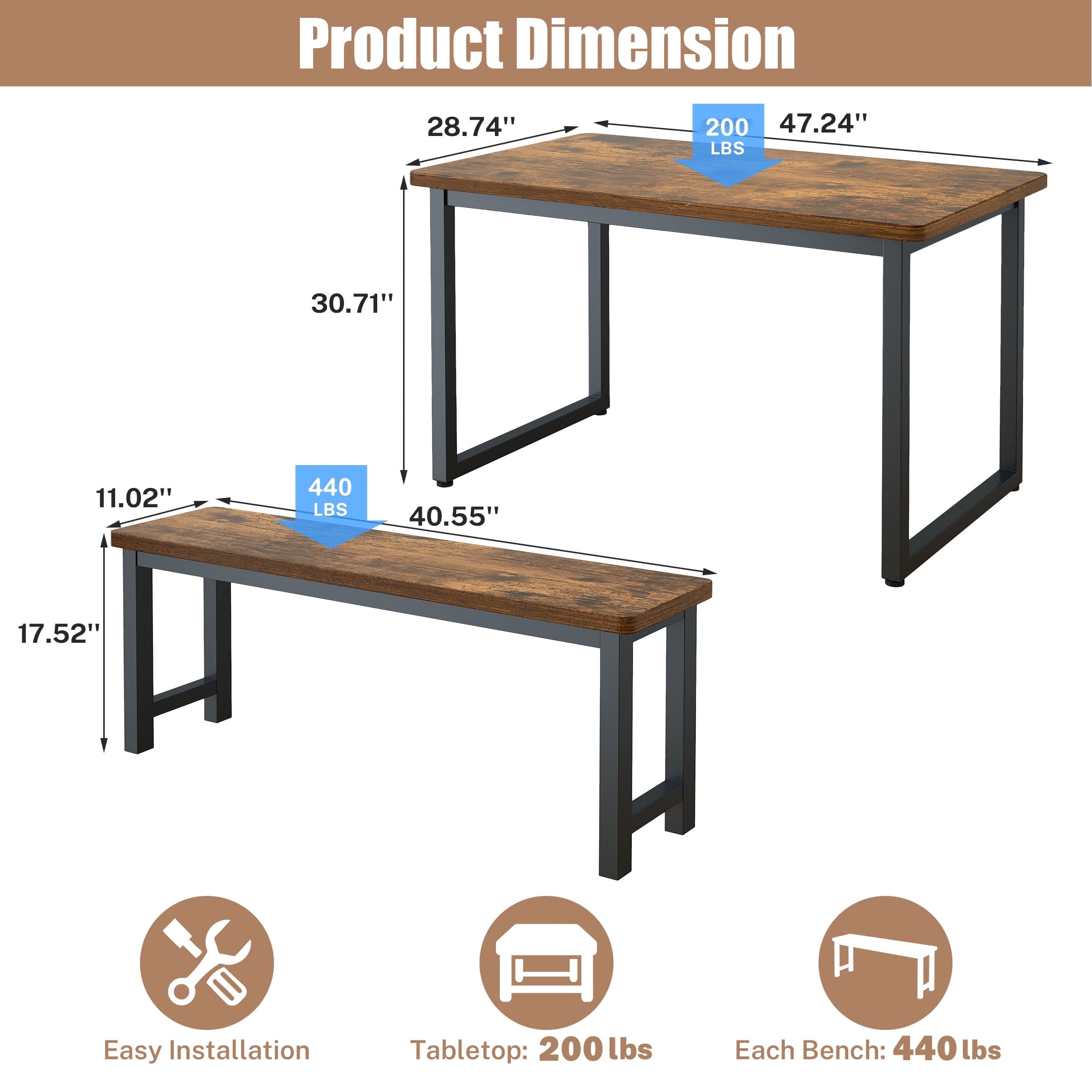 PORKISS 47.2" Dining Table Set for 4, Kitchen Table with 2 Benches, Wood Dining Room Dinette Sets with Metal Frame for Breakfast Nook and Small Space - Brown