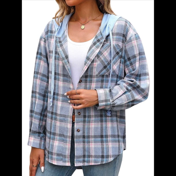 Sudadera con Capucha A Cuadros Estilo para Mujer, de Larga, con Botones y Cordón, Informal, para Otoño, con Bolsillo. Azul M