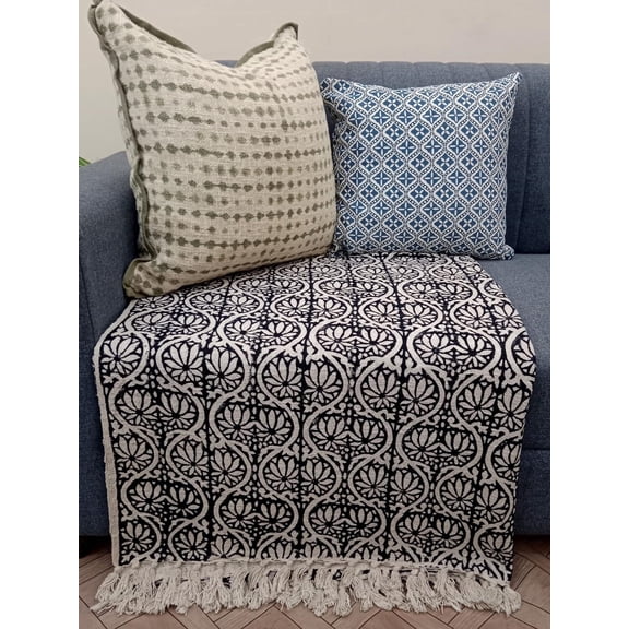Premium Handmade Sofa Throw, Handblock Print Cotton Blanket, Lightweight Decorative Throw with Tassels, Hand Loomed for Sofa & Room Décor