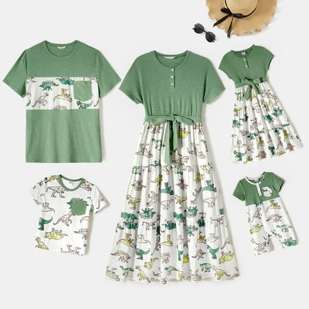 

PatPat Easter Family Matching Green Rib Knit Spliced Allover Dinosaur Print Dresses and Short-sleeve T-shirts