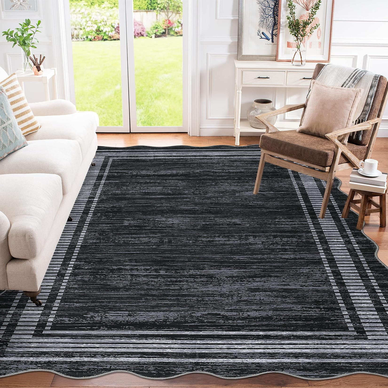 5x7 Washable Rugs Non Slip Scalloped Area Rug for Bedroom Soft Low Pile Solid Large Bedroom Throw Carpet Stain Resistant Classic Neutral Area Rug Boho Rugs for Kitchen Nursery, Black