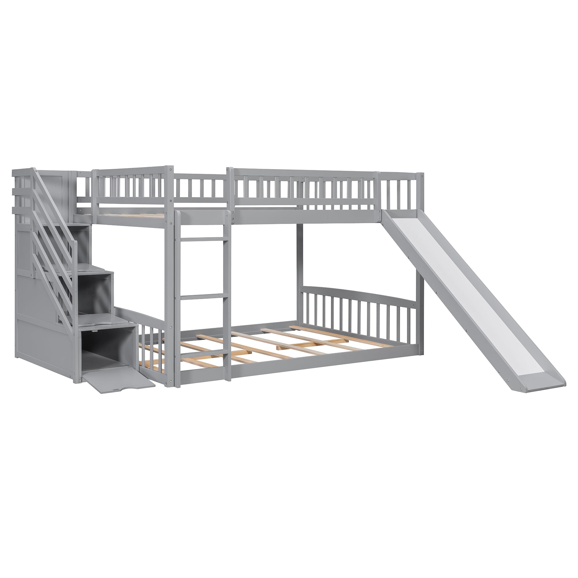 Mintazer Full Over Full Bunk Bed with Storage Staircase & Convertible Slide, Kids Bunk Bed Frame with Guardrails & Ladder, No Box Spring Needed, Gray