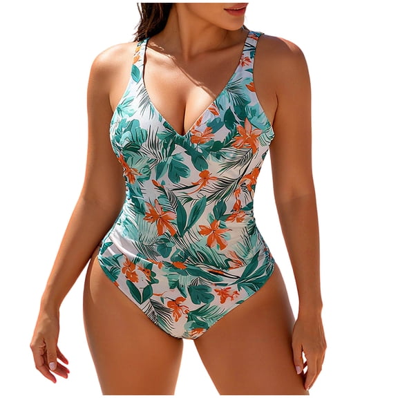 Purcolt Women's One Piece Wrap Swimsuits Trendy V Neck Criss Cross Ruched Push Up Bathing Suits Quick Dry Tummy Control Slimming Swimwear
