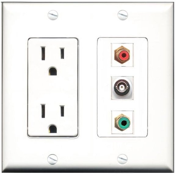 RiteAV - 15 Amp Power Outlet 1 Port RCA Red 1 Port RCA Green 1 Port BNC Decorative Wall Plate