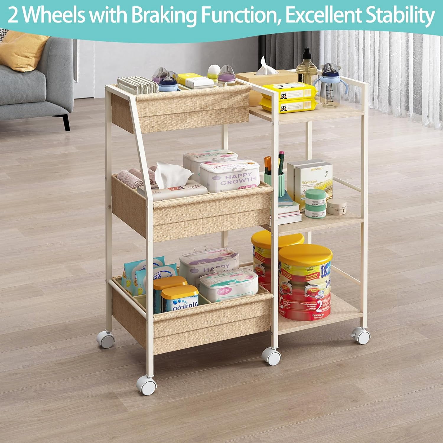 Baby Diaper Caddy Organizer Cart, 3-Tier Rolling Storage with Dividers and Shelves for Nursery Essentials