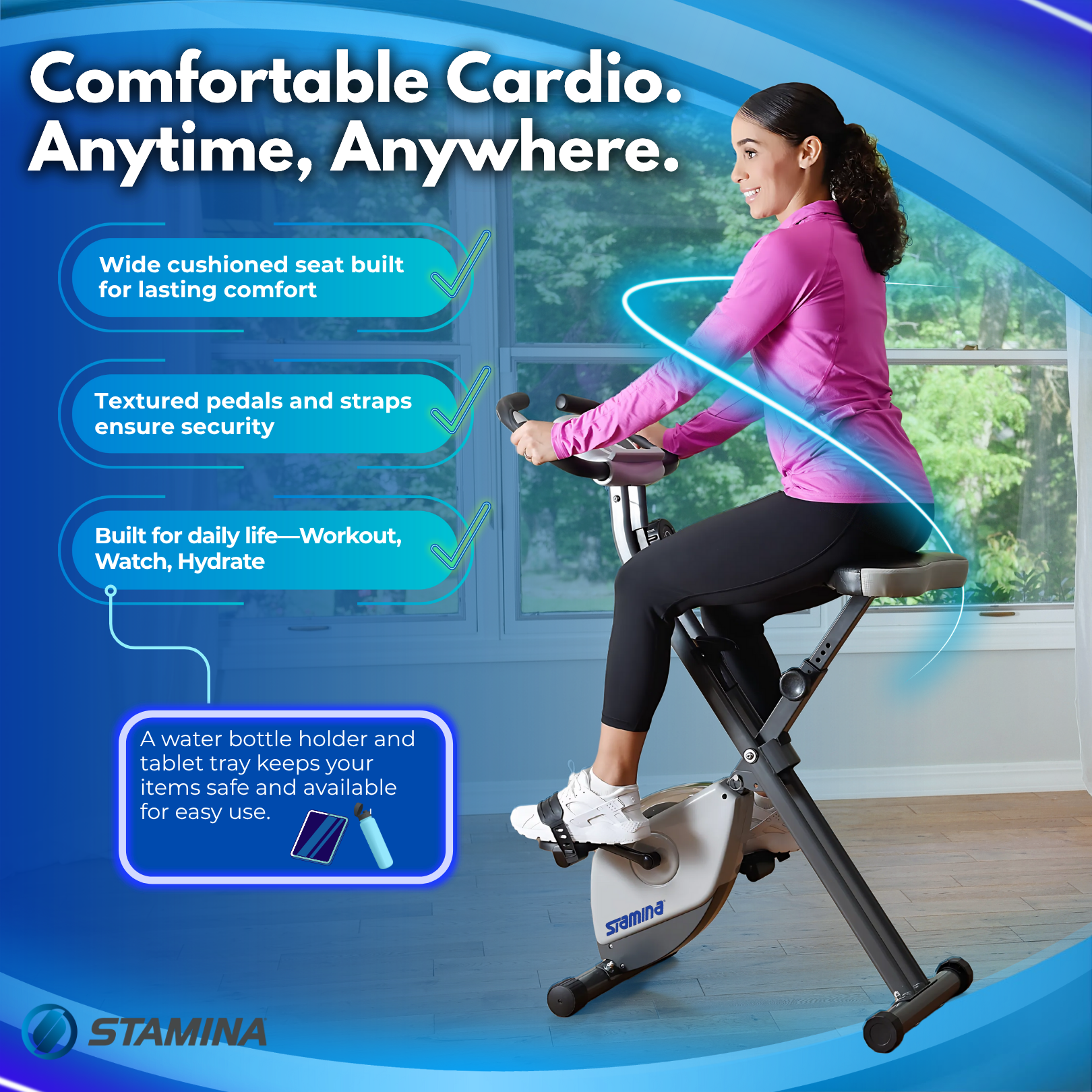 Stamina Cardio Folding Exercise Bike with Heart Rate Sensors and Extra Wide Padded Seat