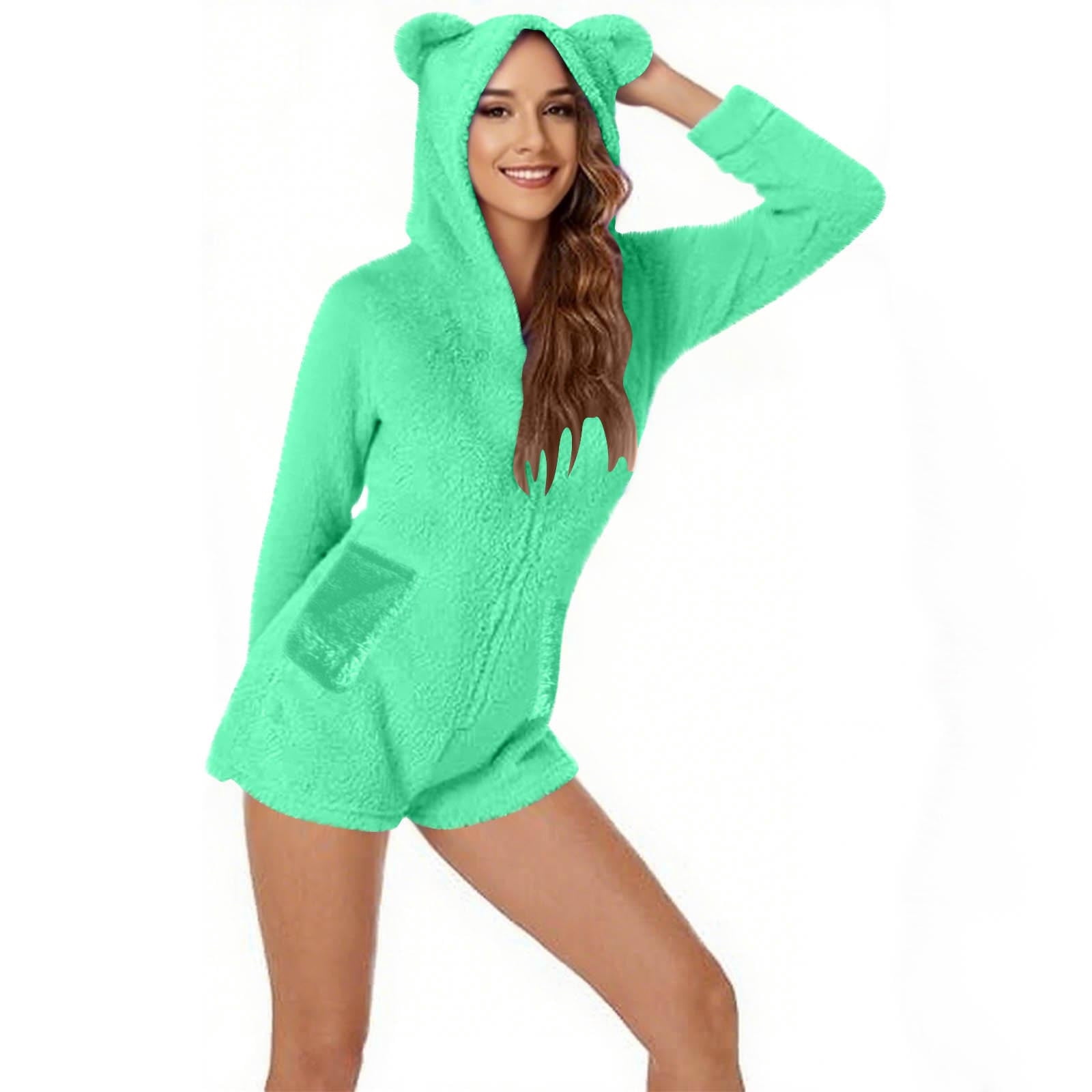 Womens Long Sleeve Onesies Pajamas Fuzzy Zip-Up Hooded Romper Warm Short Playsuit Jumpsuit Fleece Sherpa Sleepwear Green, XL