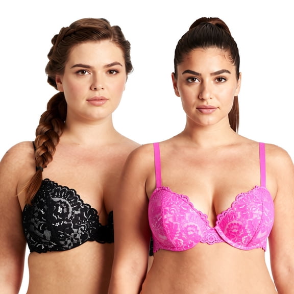 Curve Muse Women's Underwire Plus Size Push Up Add 1 and a Half Cup Lace Bras-2PK-Hot Pink,Black-32B