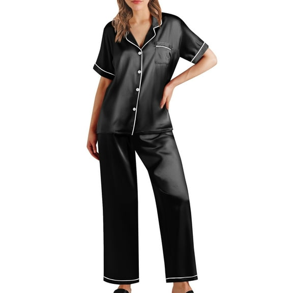 BOOMILK Satin Pajama Sets for Women Summer Short Sleeve Shirt Pants 2 Piece Set Silky Loose Sleepwear Plus Size