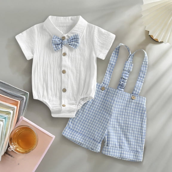 SHenli Boy 2Pcs Set Bow Tie Button Down Shirt Bodysuit Top Striped/Plaid Shorts Summer Outfit for 0-18M
