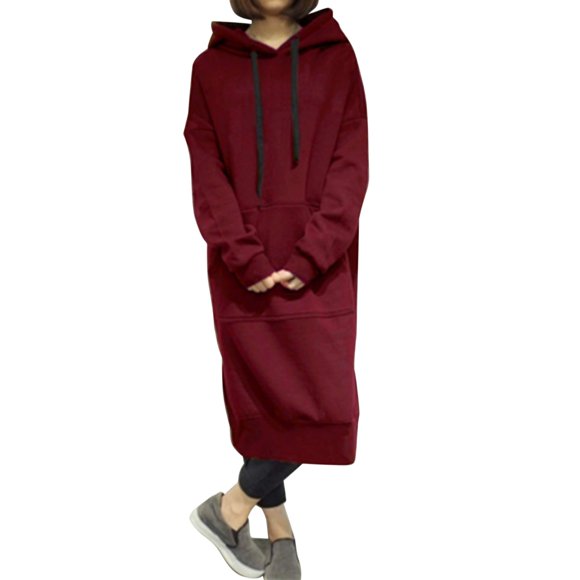 DondPO Long Sleeve Dress for Women,Plus Size Dresses Women's Large Size Round Neck Hooded Solid Color Long Sleeved Long Sweater Dress Maxi Dress,Elegant Dresses Hoodie Dress C Dress 3XL