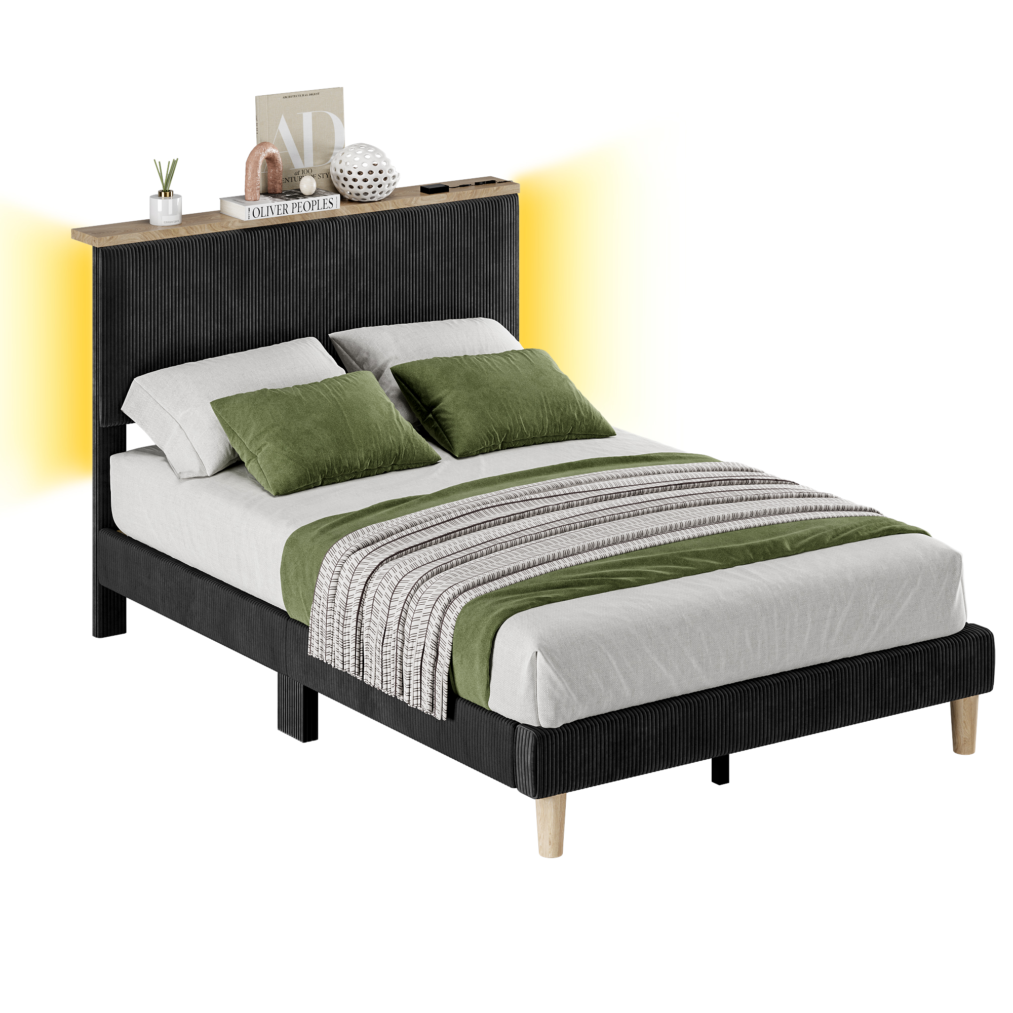 Bestier Full Platform Bed with Adjustable Storage Headboard Shelf, LED Corduroy Upholstered Bed Frame, Black