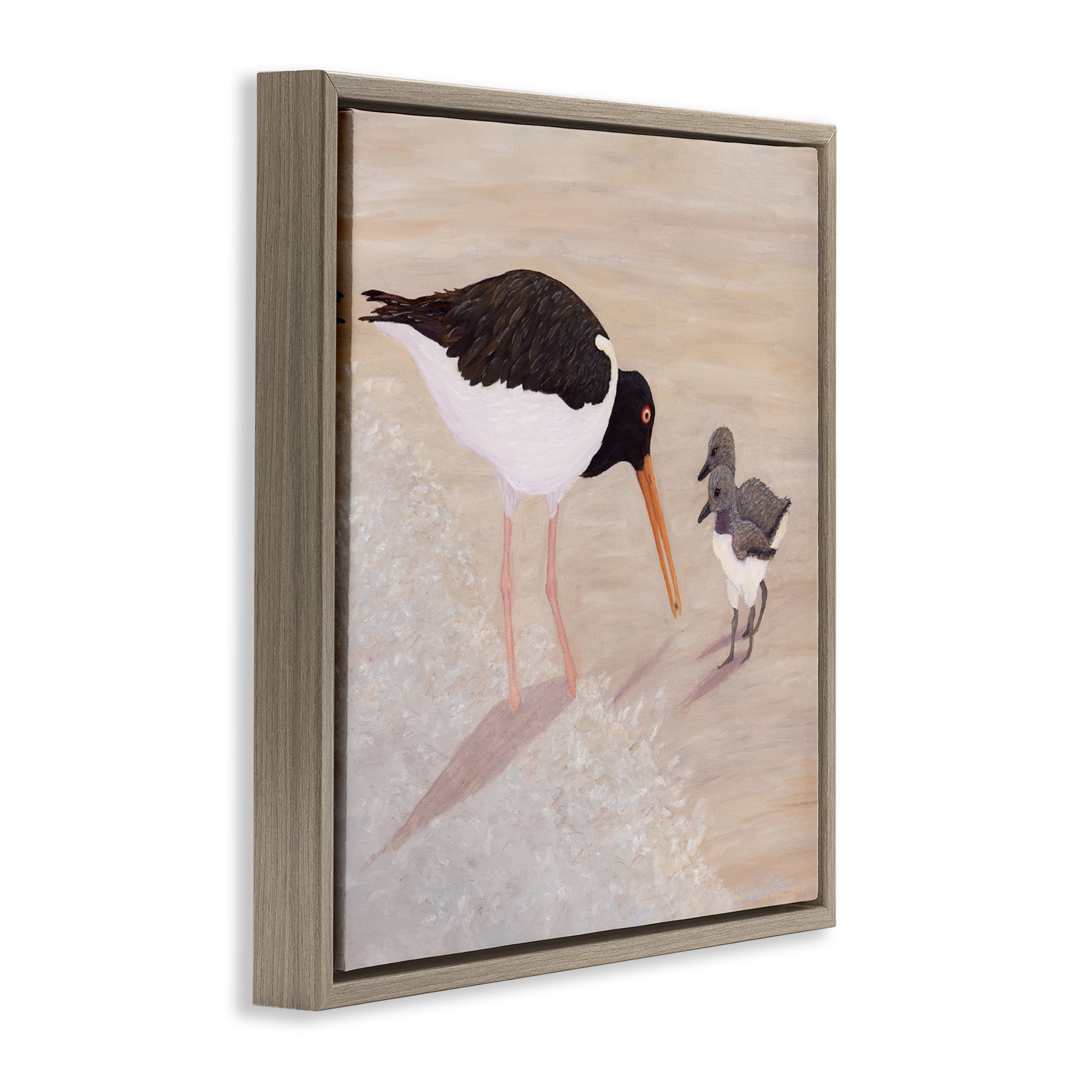 Stupell Industries American Oyster Catcher & Chicks Brown Framed Floater Canvas Wall Art, design by Barbara Fallenbaum