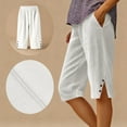 thumbnail image 2 of Puntoco Linen Capri Pants Women Spring Summer Casual Beach Side Button Elastic Waist Wide Leg Cropped Pants White XL(XL), 2 of 7