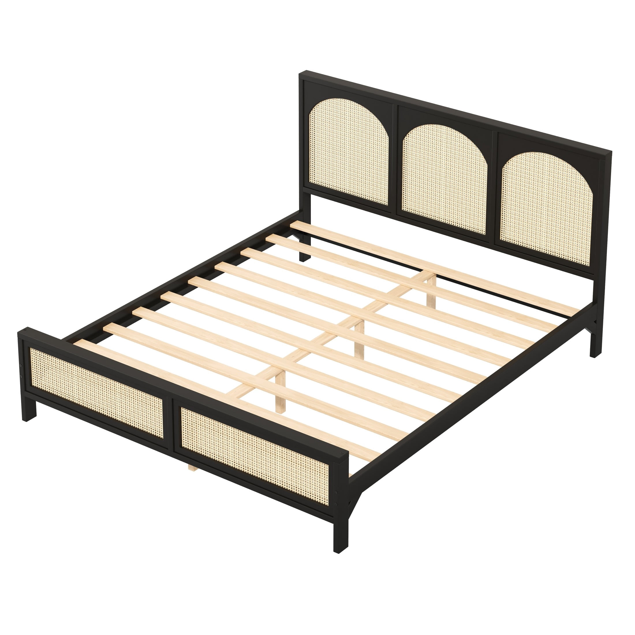 Noble House Driscoll King Size Wood Platform Bed with Rattan Headboard & Footboard, Modern Bed Frame, Black