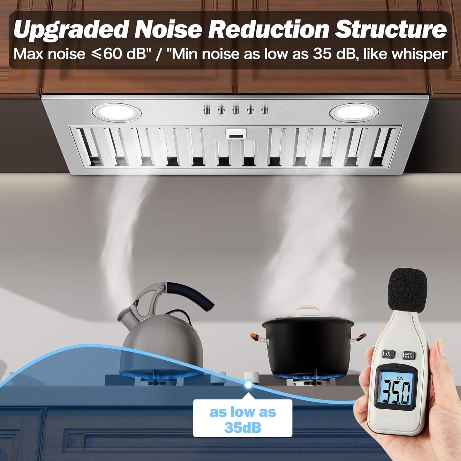 Range Hood 20 inch Built in Range Hood 600 CFM Vent 3-Speed Non-Ducted Integrated Cabinet Ducted/Ductless Convertible Ultra-Quiet Built-in Kitchen Exhaust Hood with Dishwasher-Safe Filter, 3-Speed