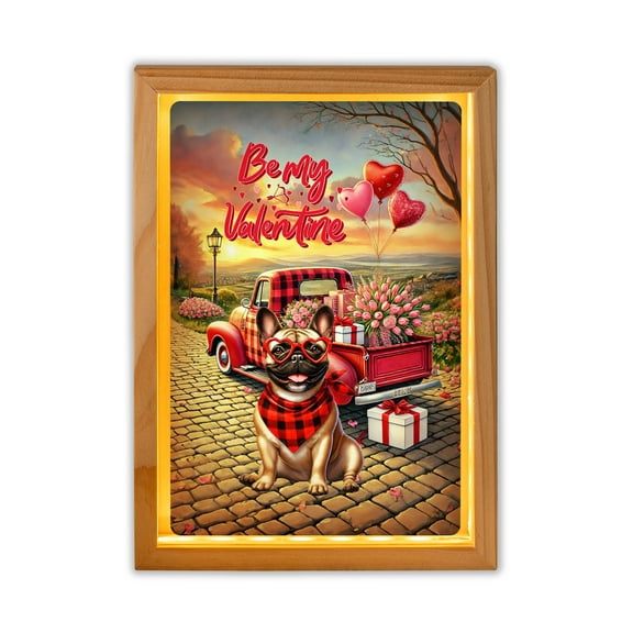 Be My Valentine's French Bulldog Truck Full of Love Flower Balloon Acrylic Plaque with Wood Photo Frame Box Dog Lover Gifts Light Box - 02029