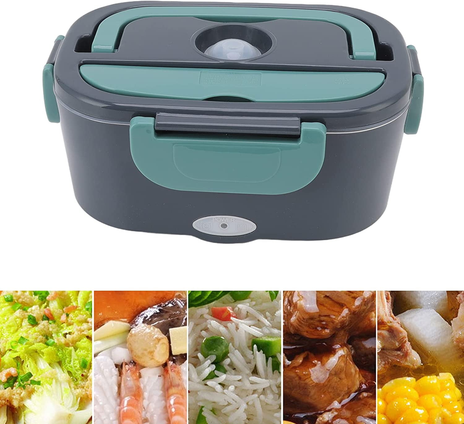 Carestrong Electric-Lunch-Box-Heated-Food-Warmer 40W Heating Lunchbox for Adults 1.5L Portable Food Heater for Work/Car, 12V/24V/110-240V Portable Electric with Fork Spoon (black+Green)