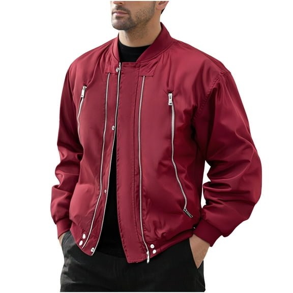 RYDCOT Men Cardigan Solid Color Long Sleeved Stand up Collar Hoodless Zip up Cardigan Workwear Jacket Red