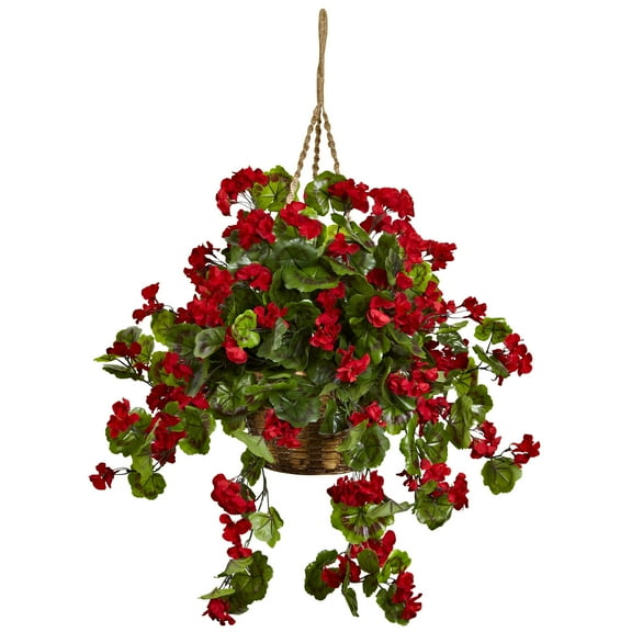 Nearly Natural Decorative Plastic Artificial Geranium Hanging Basket, Red