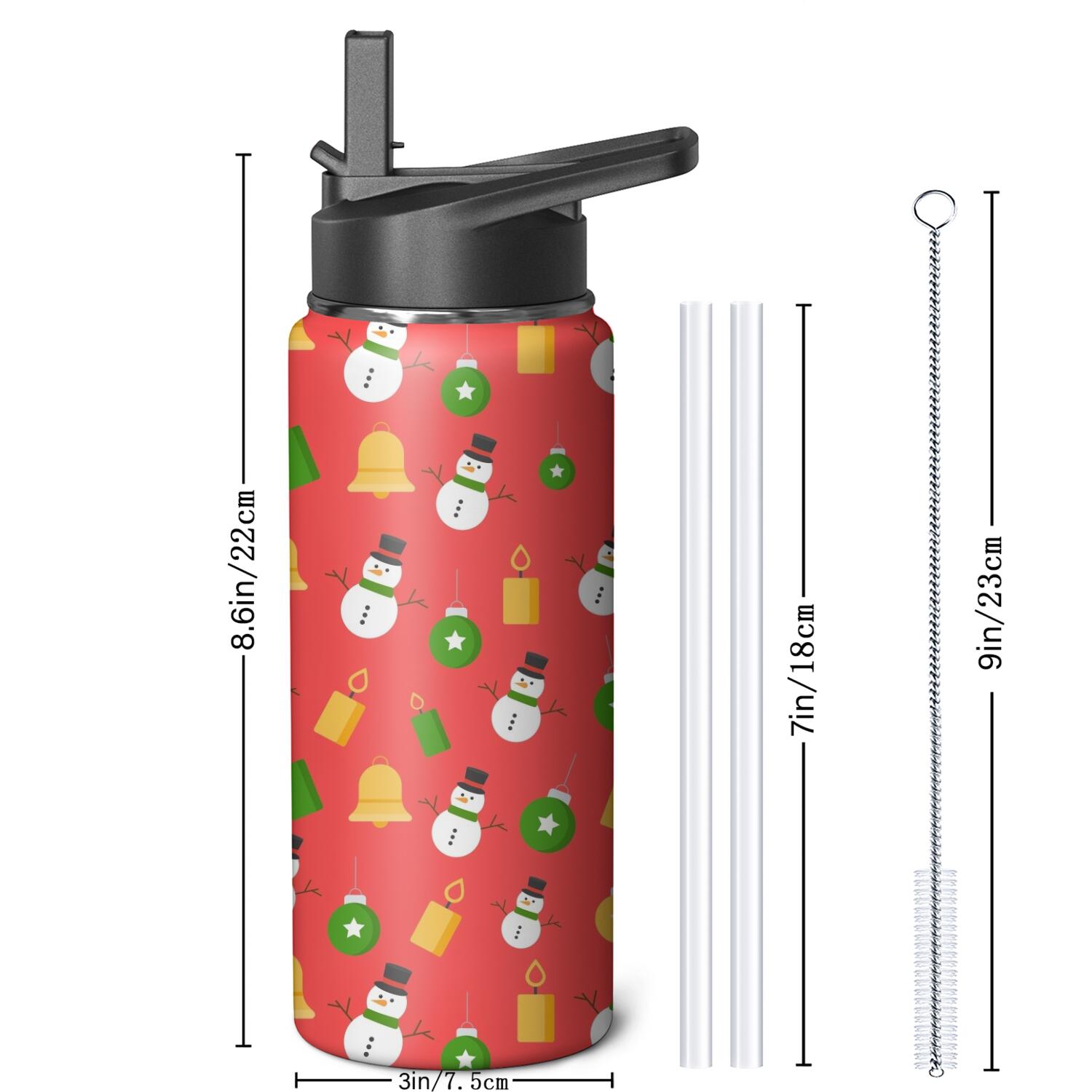 Christmas 18 oz Insulated Stainless Steel Water Bottle with Straw & Cleaning Brush , Leakproof, BPA-Free, 304 Stainless Steel, Wide Mouth, Travel Mug for Car, Gym, Office
