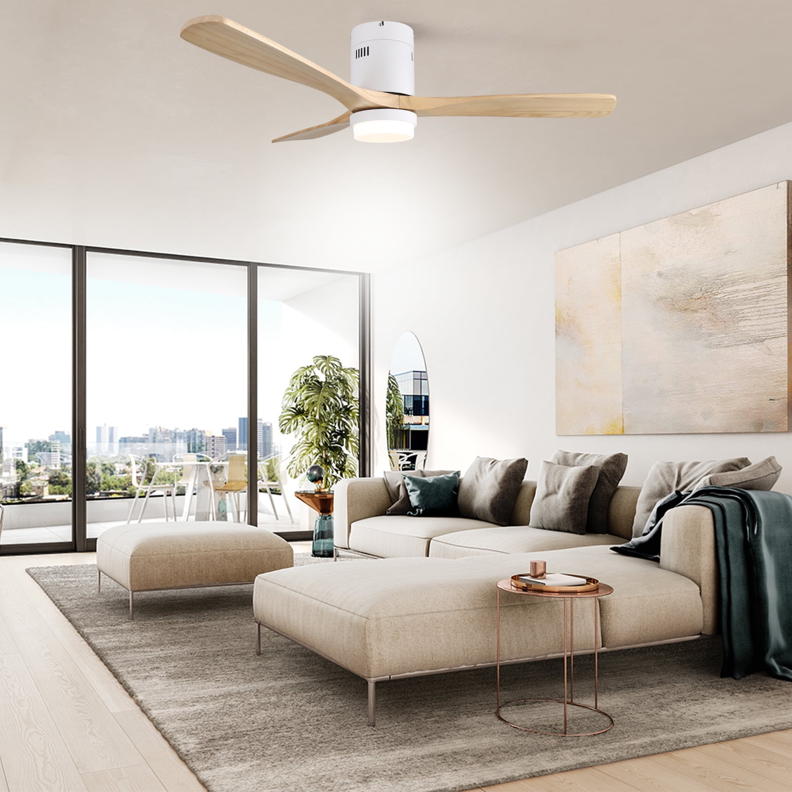 Sofucor 52" Flush Mount Cool Ceiling Fans with Dimmable Light and Remote Control, 3 Light Brown Blades