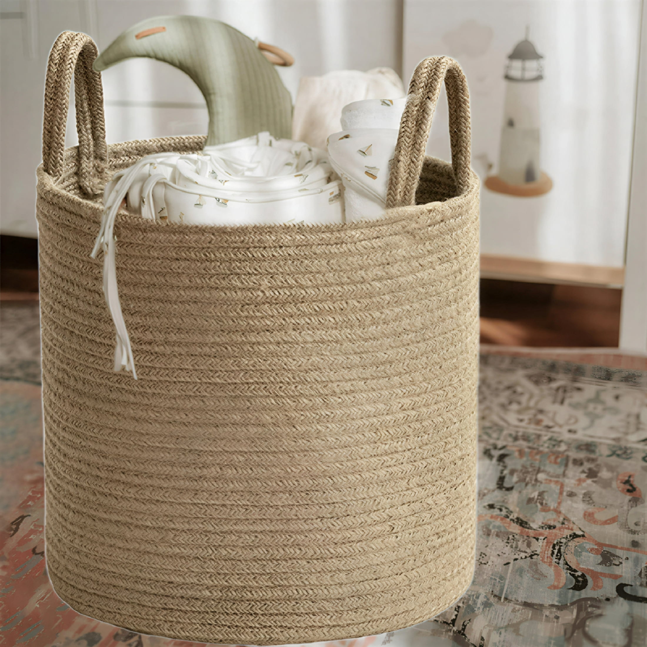 LAMIRO Large Blanket Basket,Woven Rope Basket With Handles,Dirty Clothes Basket for Blankets for Living Room,Baby Toy Storage Basket,Wicker Woven Big Round Laundry Basket Hamper