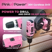 Pink Power 20V Cordless Drill - Electric Drill - Power Drill Cordless - Hand Drill Lithium Ion Portable Pink Drill Set Tool Set for Women w/ Battery & Charger