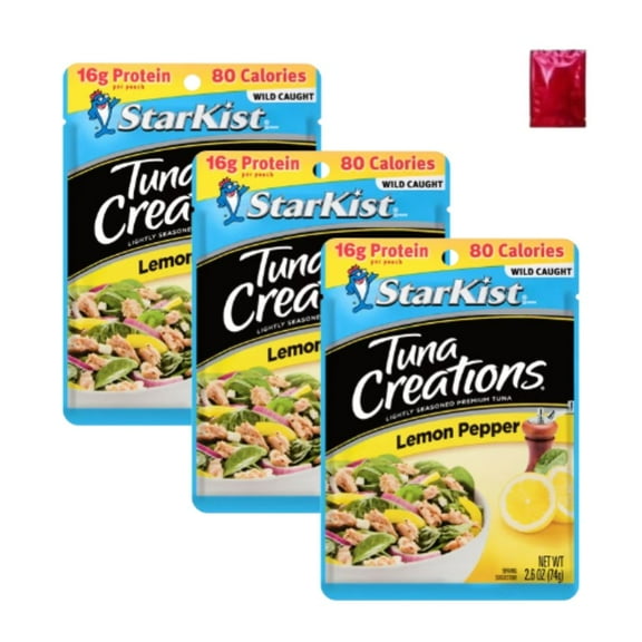 StarKist Tuna Creations Wild Caught Lemon Pepper Seasoned Tuna, 3 Pack with Bonus LaPrima Morceau Bonbon