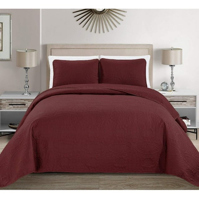 Fancy Collection Juego de colcha con relieve en relieve, color sólido # Austin (Borgoña King/California King)