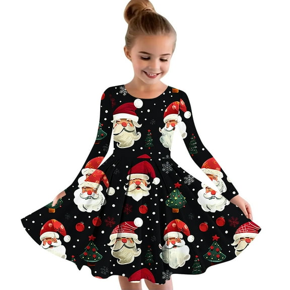 Girls Christmas Dress Swing Long Sleeve Dress Printed Tea-Party Xmas Dresses Casual A-Line Fall Dresses, Black, 4 Years