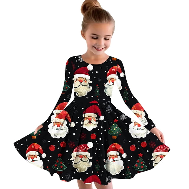 QIPOPIQ Robe à Manches Longues pour Filles, Robe d'Automne pour Tout-Petits, Robe Patineuse en Coton, Robe Trapèze pour l'École, Décontractée, Vacances, Noël, Liquidation