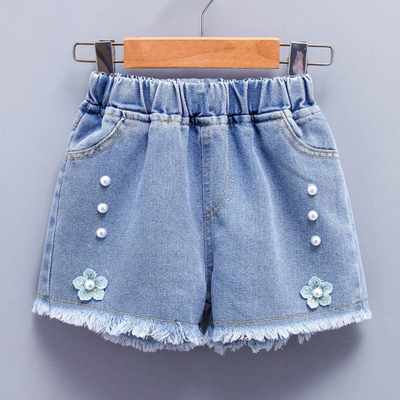Amidoa Wide Leg Girls Jeans Shorts Casual With Pockets Baggy Kids Summer Denim Shorts Blue Size 5T