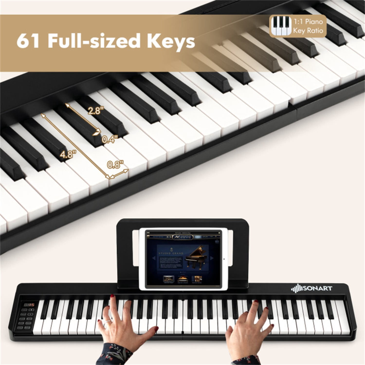 Foldable 61-Key Full-Size Digital Piano, 90.17×17.78×5.08 cm Wireless MIDI Keyboard with 1750mAh Rechargeable Battery, Black