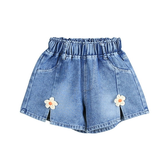Girls Summer Shorts Jeans Elastic Waistband Split Cute Short Denim Pants Wide Leg Casual Shorts Beige,3-4 Years