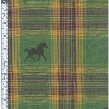 Textile Creations MT-162 Mustang Fabric, Horse Black On Green Gold, Rust Plaid, 15 yd.