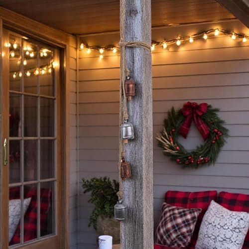 Hanging Christmas Bells 36" – 4 Rustic Cow Bell Garland on Jute Rope – Christmas Tree Ornaments, Wreath Decoration, Witch Bells, Jingle Bell, Farmhouse Decor, Indoor Outdoor (Silver-Copper)