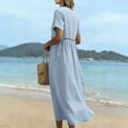 thumbnail image 4 of ClodeEU Women's Linen Blend V Neck Short Sleeve Tiered Ruffle Midi Dress,Casual Loose Boho Beach Sundress Light Blue,Women's Plus S, 4 of 8