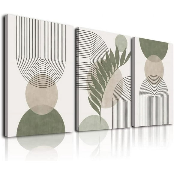 Sage Green Boho Wall Art Set of 3 Minimalist Framed Wall Art Geometric Line Leaf Sun Moon Beige Green Canvas Artwork Paintings Abstract Botanical Boho Room Decor Sage Green Wall Art 12"x16"