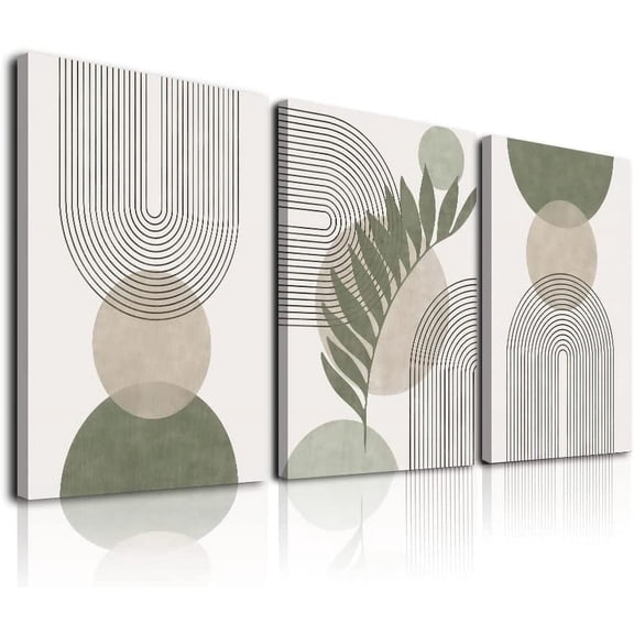 Boho Wall Art Set of 3, Minimalist Framed Wall Art Geometric Line Leaf Sun Moon Beige Green Canvas Artwork Paintings, Sage Green Wall Posters & Prints for Living Room, Bedroom, Bathroom, 12"x16"