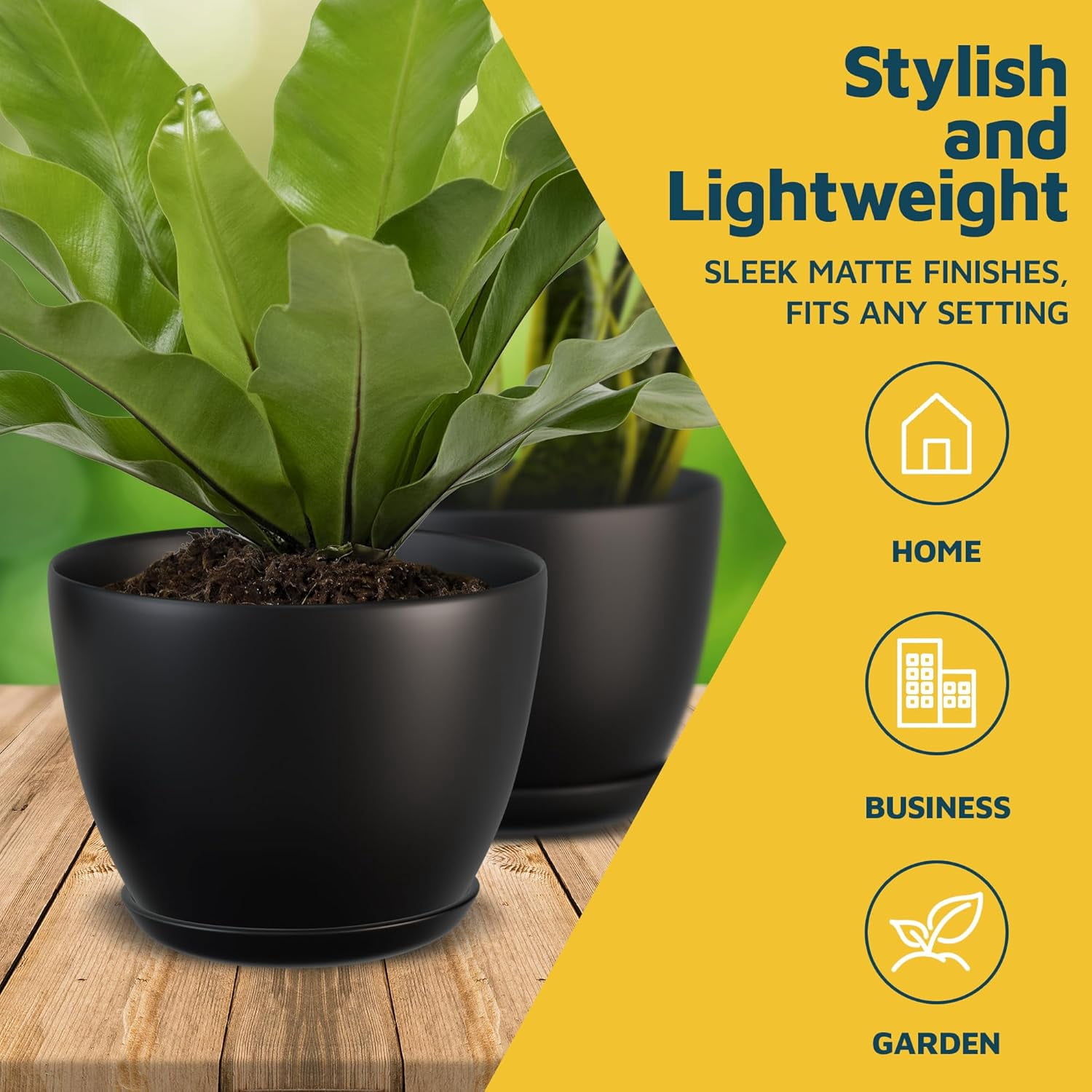 Black Plant Pots with Drainage Holes & Saucers 3 Packs, Indoor & Outdoor Stackable Plastic Planters in Multiple Sizes for Houseplants & Flowers, Durable & Weatherproof Materials, Matte Finish