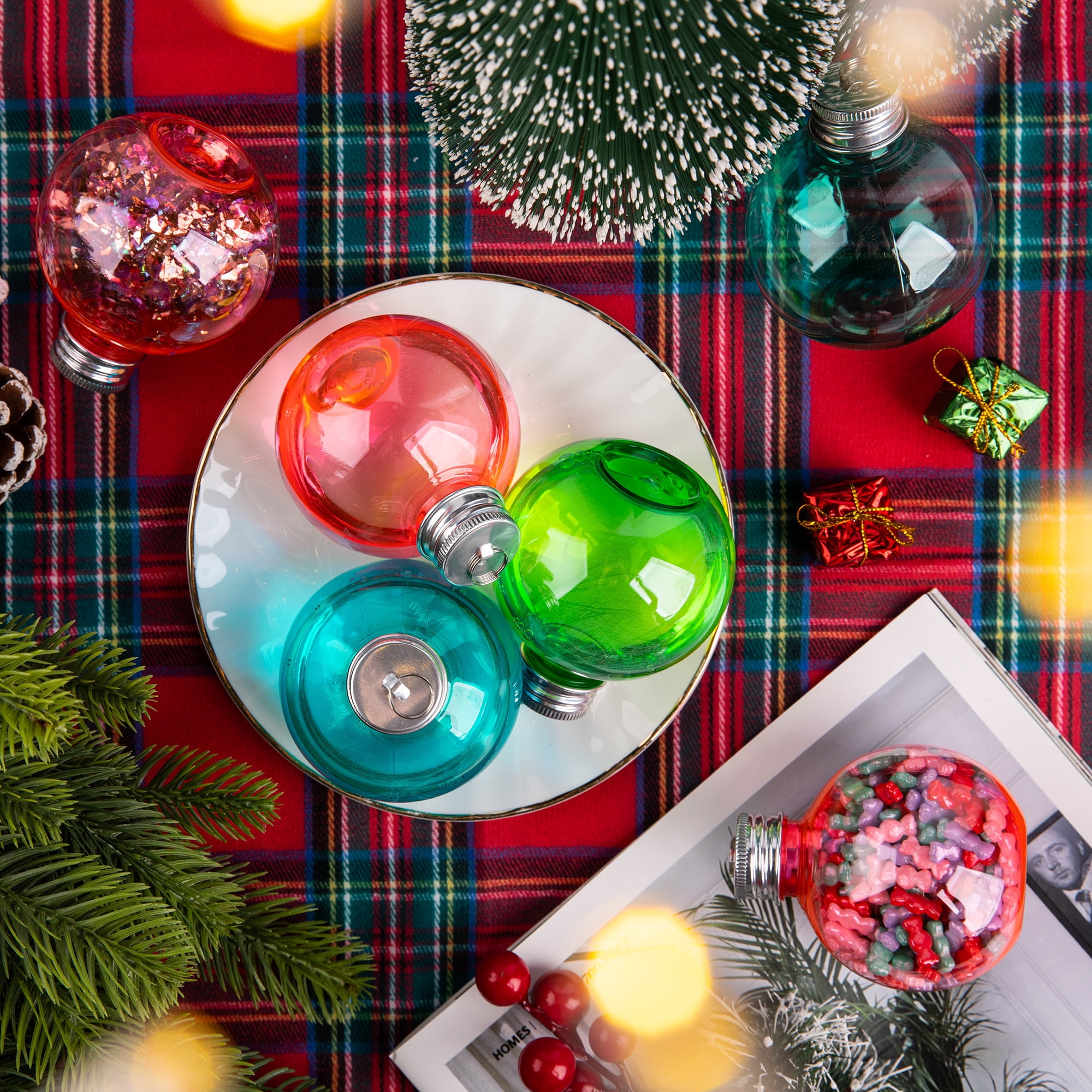 Fillable Christmas Ornament Balls for Drinks, 5 oz Plastic Bulb Ornaments, 6 Pack Hanging Tree Decor for Holiday Gifts and Stocking Stuffers