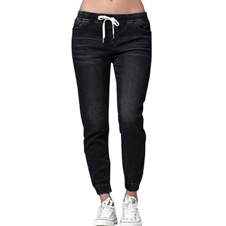 Plus Size Jeans for Women Mid Rise Slim Fit Joggers Denim Pants Casual Jeggings Drawstring Stretch Pants S-5XL  Dark Blue