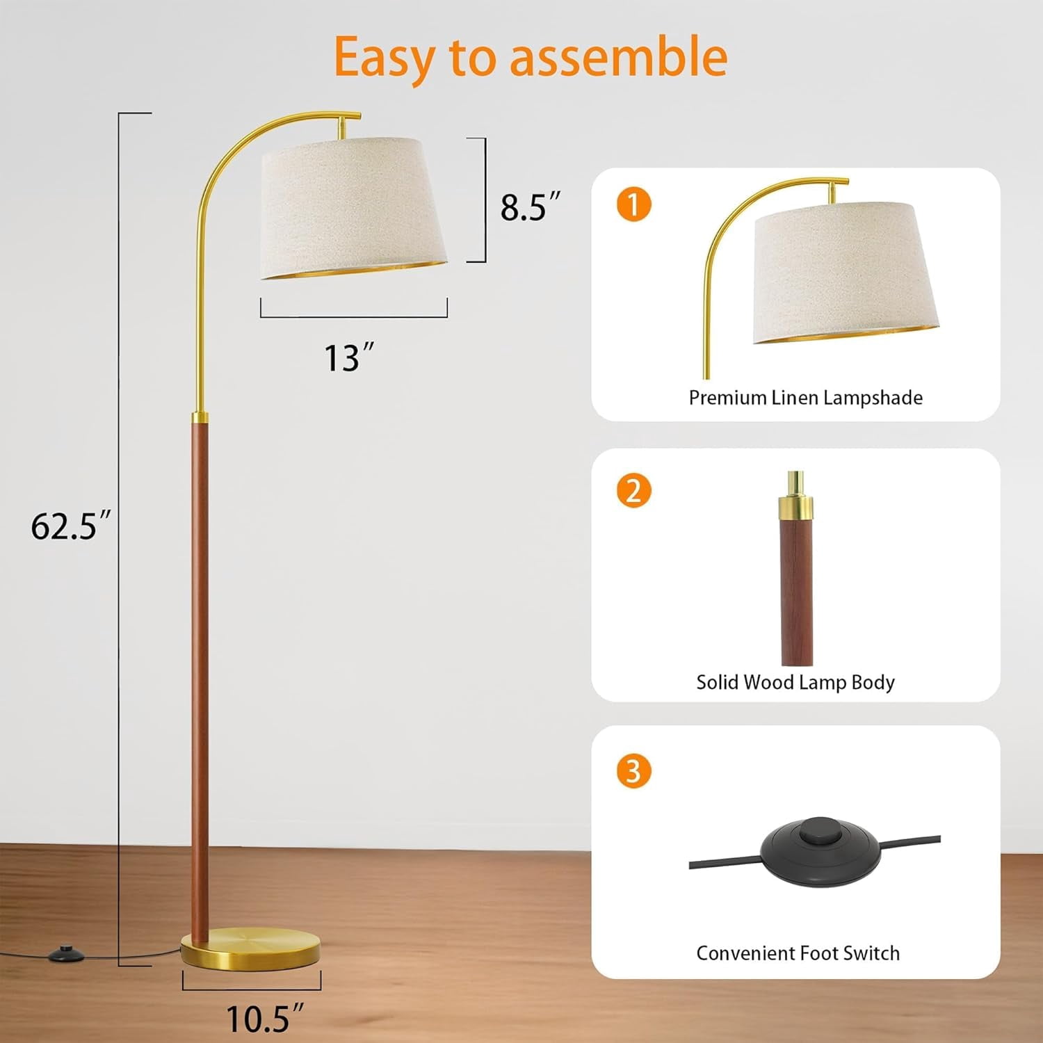 Oneach 62.5" MDF Metal Tall Floor Lamp with Lamp Shade, Farmhouse Standing Lamp for Bedroom, Living Room, Office
