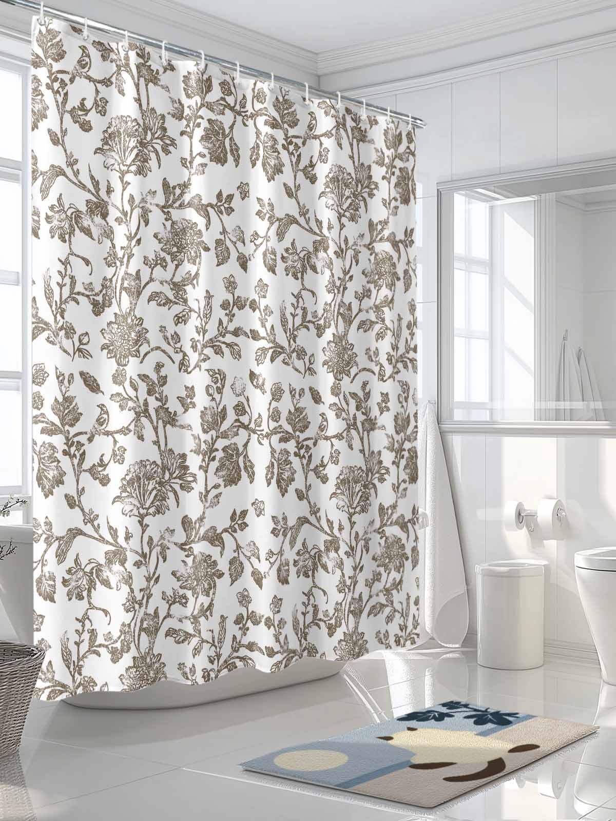 Vintage Brown Floral Shower Curtain, Farmhouse Flower Pastoral Style Waterproof Shower Curtain Set with 12 Hooks Lightweight Washable Fabric Shower Curtains for Bathroom 72x72 Inches