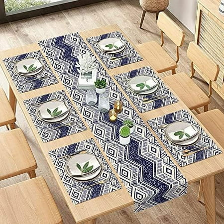 

Western South Table Runner and Placemats Set of 6 Ethnic Boho Tribal Aztec Santa Flower Dining Table Decor for Daily Use(1 Table Runner 72 inches Long and 6 Placemats)