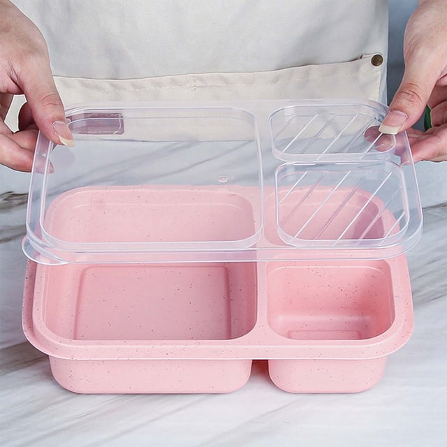 PNNJI Kitchen Storage and Organization, Bento Box Adult Lunch Box 3-Compartment Meal Prep Container For Kids Stackable Snack Containers For School And Travel Lunch Microwave Safe, Pink-Y