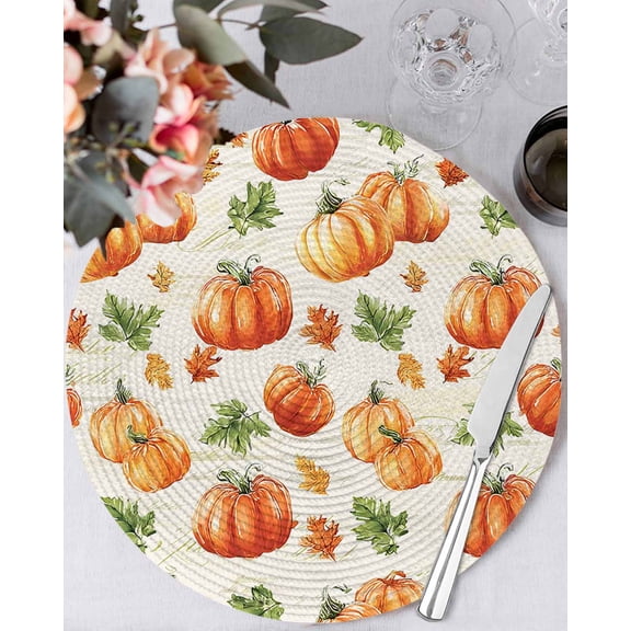15 Inch Round Placemats Set of 6, Orange Pumpkins Fall Non Slip Heat Insulation PP Table Mats, Rustic Leaves Thanksgiving Farmhouse Washable Place Mats for Kitchen Dining Party Table Decor